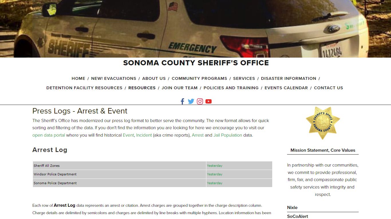 Arrest-Crime Logs — Sonoma County Sheriff's Office