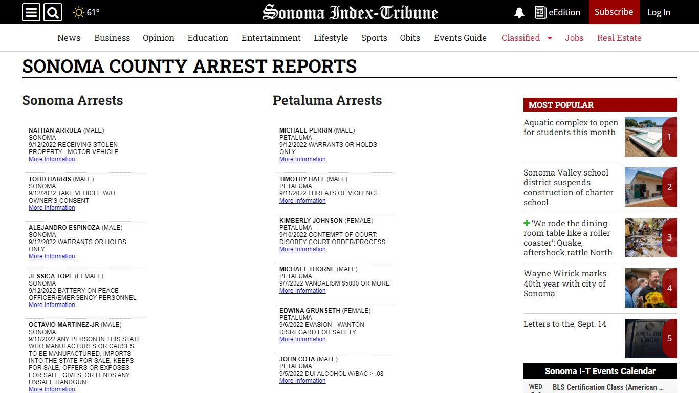Sonoma County Arrest Reports - Sonoma Index-Tribune